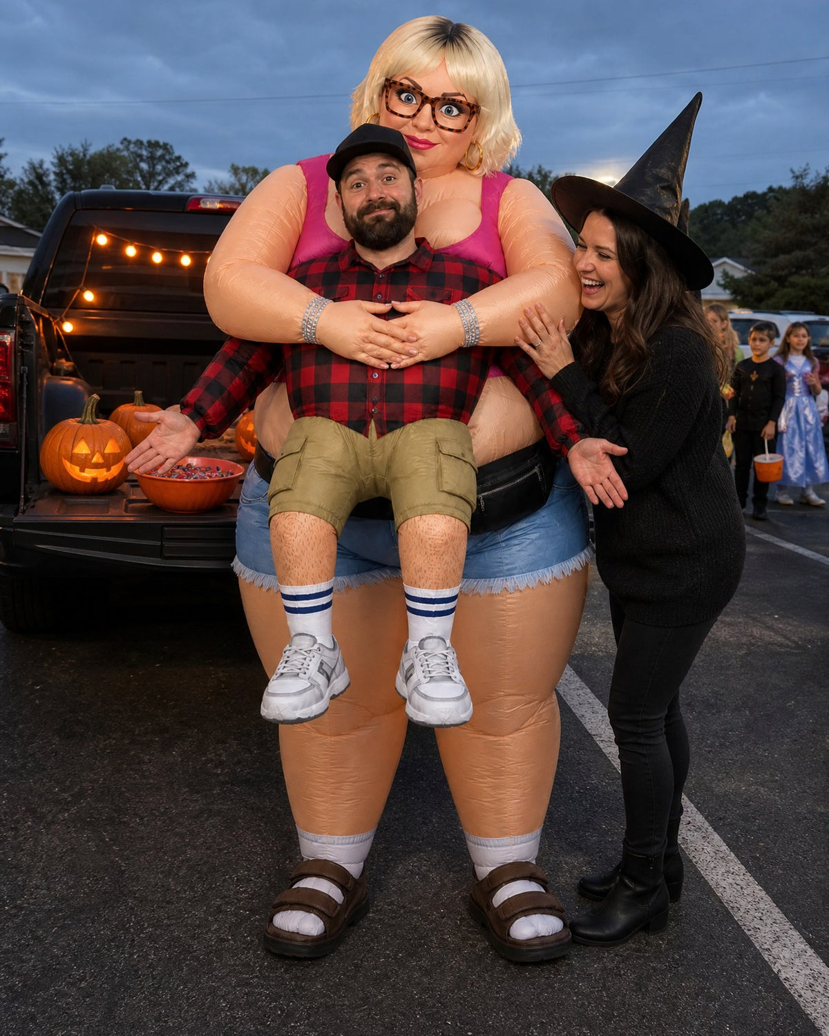 Man wearing the Wife Grab costume at a trunk-or-treat while his wife laughs